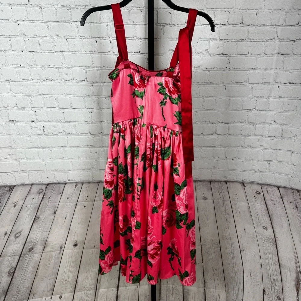 Vixen by Micheline Pitt Pink Floral Fit-and-Flare Dress with Red Straps - Picture 6 of 10